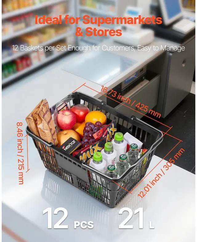 Alt view image 4 of 8 - VEVOR Shopping Baskets, 12 PCS, 21L Stackable PE Plastic Grocery Baskets with Handles, Dense Mesh Structure, Holds up to 20 lbs, Portable for Grocery, Retail, Stores, Supermarket, Home Use, Black
