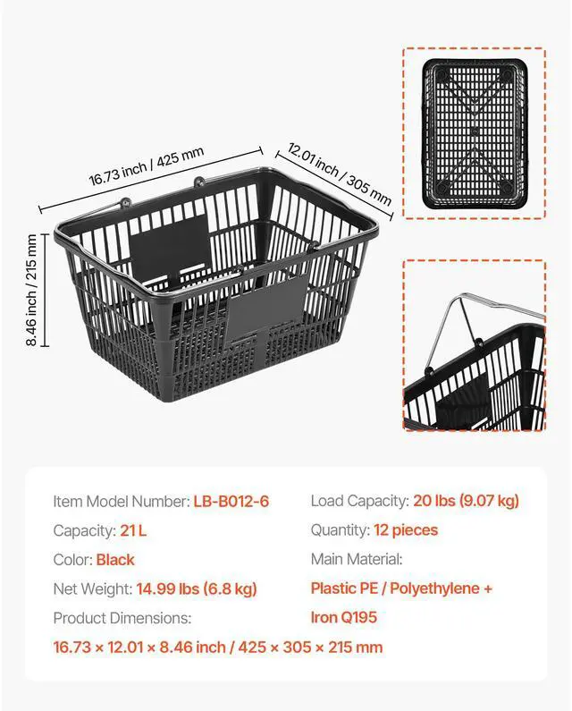 Alt view image 8 of 8 - VEVOR Shopping Baskets, 12 PCS, 21L Stackable PE Plastic Grocery Baskets with Handles, Dense Mesh Structure, Holds up to 20 lbs, Portable for Grocery, Retail, Stores, Supermarket, Home Use, Black