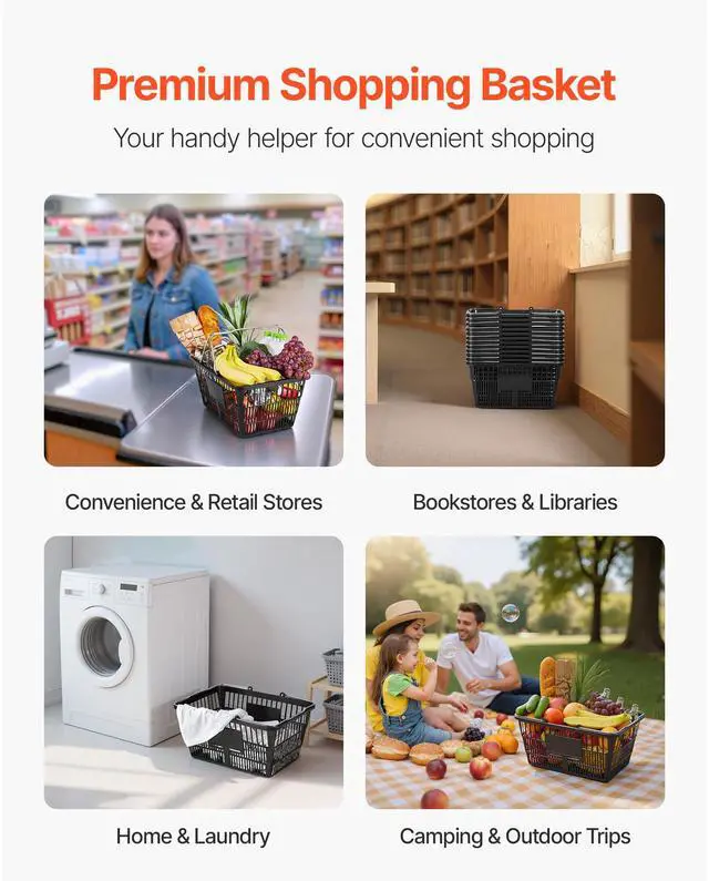 Alt view image 7 of 8 - VEVOR Shopping Baskets, 12 PCS, 21L Stackable PE Plastic Grocery Baskets with Handles, Dense Mesh Structure, Holds up to 20 lbs, Portable for Grocery, Retail, Stores, Supermarket, Home Use, Black