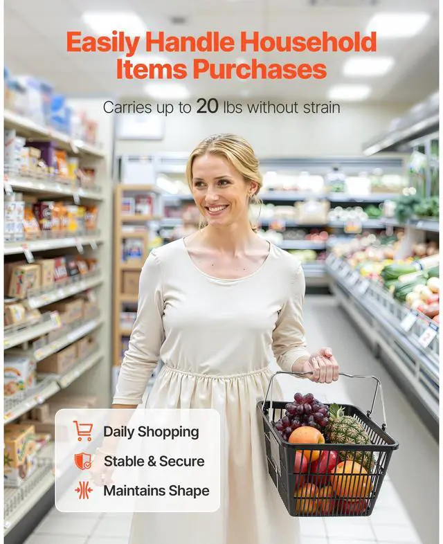 Alt view image 5 of 8 - VEVOR Shopping Baskets, 12 PCS, 21L Stackable PE Plastic Grocery Baskets with Handles, Dense Mesh Structure, Holds up to 20 lbs, Portable for Grocery, Retail, Stores, Supermarket, Home Use, Black