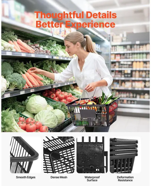 Alt view image 6 of 8 - VEVOR Shopping Baskets, 12 PCS, 21L Stackable PE Plastic Grocery Baskets with Handles, Dense Mesh Structure, Holds up to 20 lbs, Portable for Grocery, Retail, Stores, Supermarket, Home Use, Black