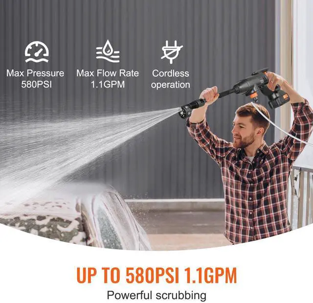 Alt view image 9 of 14 - VEVOR Cordless Pressure Washer, 580-PSI 1.1 GPM Portable Power Cleaner, Handheld High-Pressure Car Washer Gun with 4.0Ah Battery, Charger, 6-in-1 Nozzle, for Home/Floor Cleaning & Watering