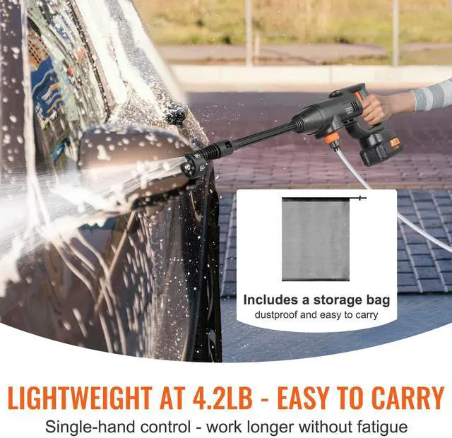 Alt view image 10 of 14 - VEVOR Cordless Pressure Washer, 580-PSI 1.1 GPM Portable Power Cleaner, Handheld High-Pressure Car Washer Gun with 4.0Ah Battery, Charger, 6-in-1 Nozzle, for Home/Floor Cleaning & Watering