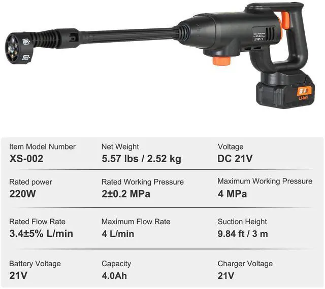 Alt view image 14 of 14 - VEVOR Cordless Pressure Washer, 580-PSI 1.1 GPM Portable Power Cleaner, Handheld High-Pressure Car Washer Gun with 4.0Ah Battery, Charger, 6-in-1 Nozzle, for Home/Floor Cleaning & Watering