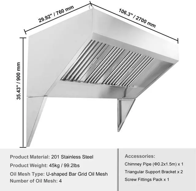 Alt view image 7 of 7 - Commercial Exhaust Hood, 9FT Food Truck Hood Exhaust, 201 Stainless Steel Concession Trailer Hood with 4 Detachable U-shaped Grid Oil Filter Mesh, Rust Resistant Vent Hood for Kitchen Restaurant