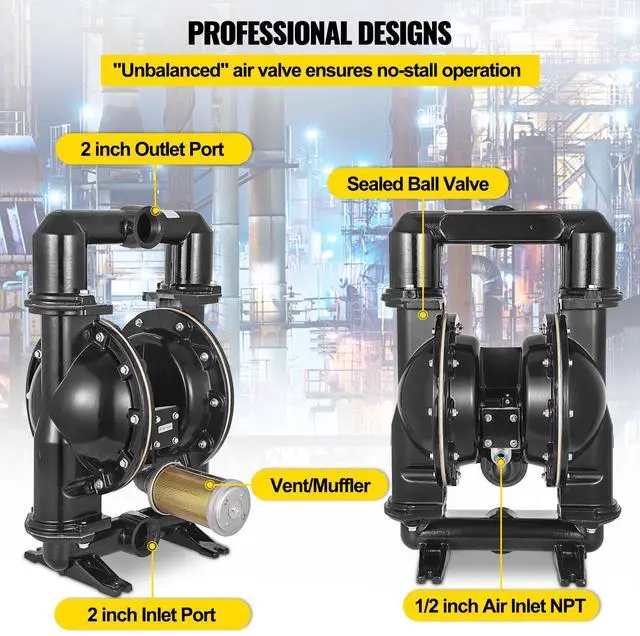 Alt view image 5 of 7 - Air-Operated Double Diaphragm Pump, 2 inch Inlet & Outlet, Aluminum Alloy Body, 75 GPM & Max 120PSI, Nitrile Diaphragm Transfer Pump for Petroleum, Diesel, Oil and Low Viscosity Fluids