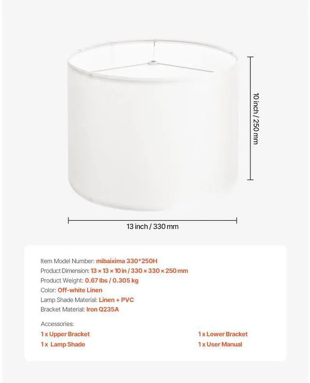 Alt view image 8 of 8 - VEVOR Drum Lamp Shade, 13 in Top x 13 in Bottom x 10 in High, Medium Drum Linen Lampshade, Replacement Lamp Shade for Table Lamps Floor Lamps Pendant Lights, Easy Assembly Required (Off-white Linen)