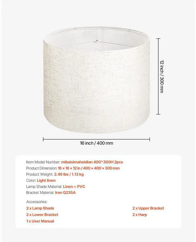Alt view image 8 of 8 - VEVOR Drum Lamp Shade 2 Set, 16 in Top x 16 in Bottom x 12 in High, Large Lampshade with Harp, Replacement Lamp Shade for Table Lamps Floor Lamps Pendant Lights, Easy Assembly Required (Light Linen)