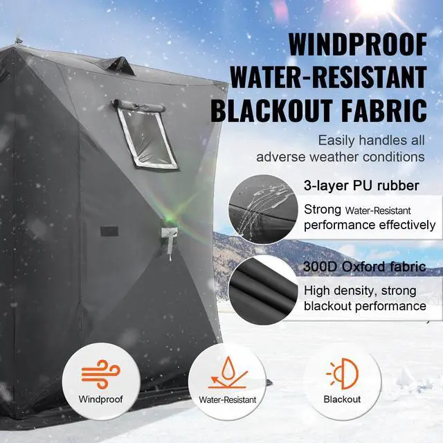Alt view image 3 of 8 - VEVOR Portable Ice Shelter, 3-4 Person Pop-Up Ice Fishing Tent, 43 Square Feet Fishable Area, Ice Shanty for Winter Fishing, Waterproof Oxford Ice Cube with Anchors/Ropes/Carrying Bag, 90"x90", Black