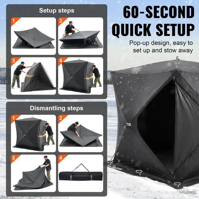 Alt view image 5 of 8 - VEVOR Portable Ice Shelter, 3-4 Person Pop-Up Ice Fishing Tent, 43 Square Feet Fishable Area, Ice Shanty for Winter Fishing, Waterproof Oxford Ice Cube with Anchors/Ropes/Carrying Bag, 90"x90", Black