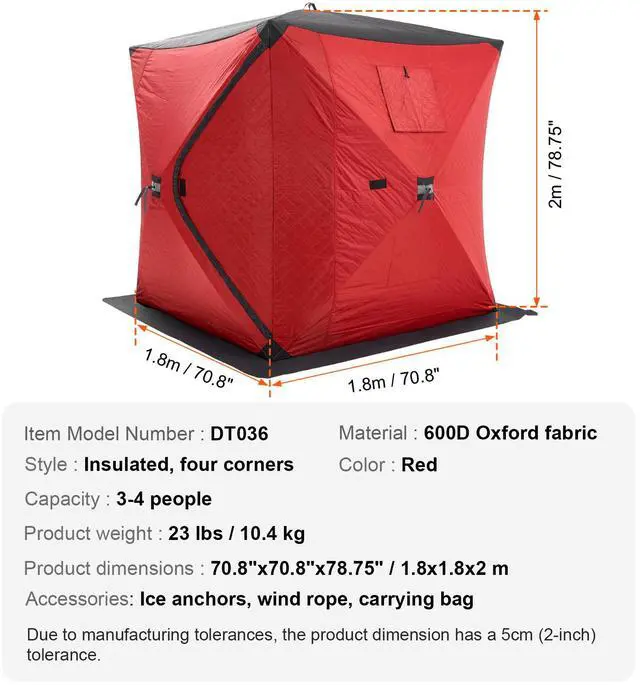 Alt view image 8 of 8 - VEVOR Portable Ice Shelter, 3-4 Person Insulated Pop-Up Ice Fishing Tent, 35 Square Feet Fishable Area, Thermal Ice Shanty for Winter Fishing, Ice Cube with Anchors, Ropes, Carrying Bag, 71"x71", Red