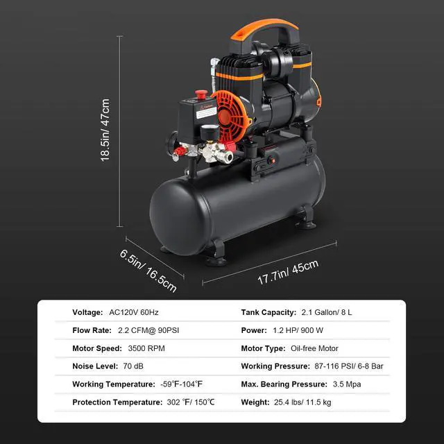 Alt view image 18 of 18 - VEVOR Air Compressor 2.1 Gallon 900W 2.2 CFM@ 90PSI 70 dB Ultra Quiet Oil Free