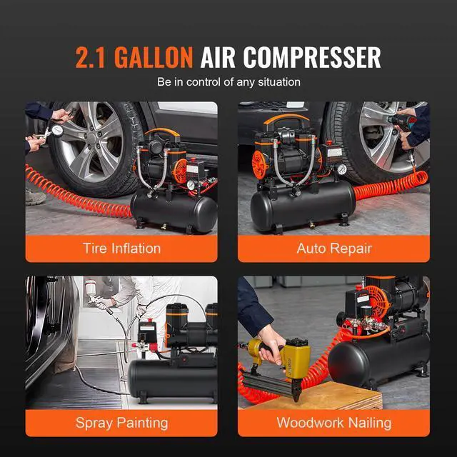 Alt view image 13 of 18 - VEVOR Air Compressor 2.1 Gallon 900W 2.2 CFM@ 90PSI 70 dB Ultra Quiet Oil Free