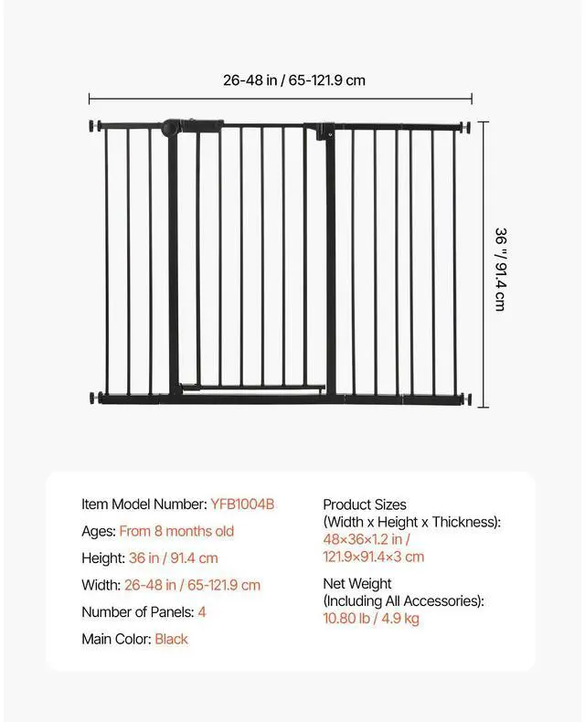 Alt view image 9 of 9 - VEVOR Baby Gate 26-48 Inches Adjustable Width 36 Inches High Dog Gate Black