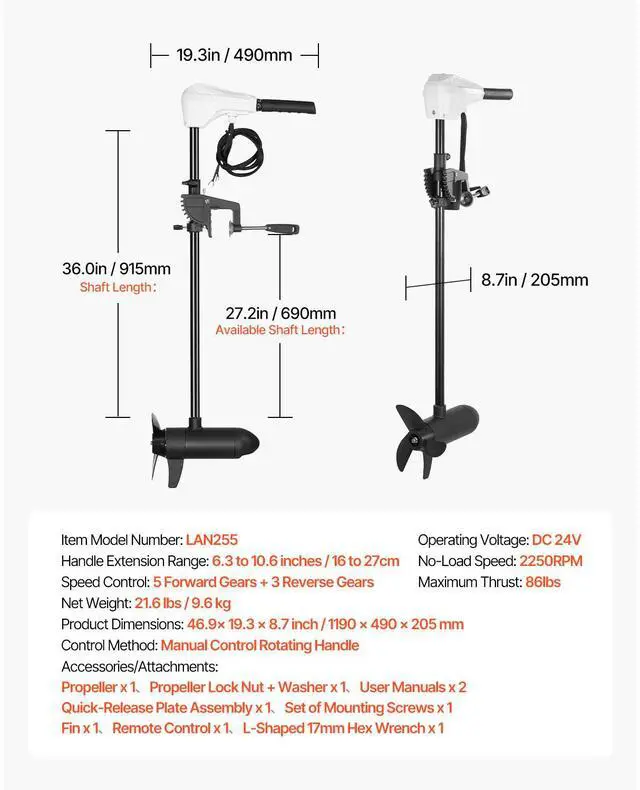 Alt view image 9 of 9 - VEVOR 86lb 24V Thrust Electric Trolling Motor Saltwater Trolling Boat Engine for Kayak