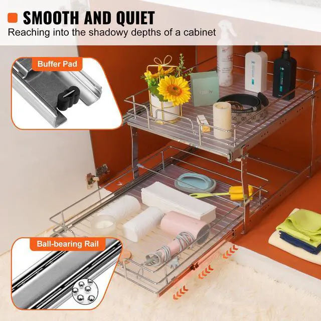 Alt view image 11 of 15 - VEVOR 2 Tier 19"W x 20"D Pull Out Cabinet Organizer, Heavy Duty Slide Out Pantry Shelves, Chrome-Plated Steel Roll Out Drawers, Sliding Drawer Storage for Inside Kitchen Cabinet, Bathroom, Under Sink