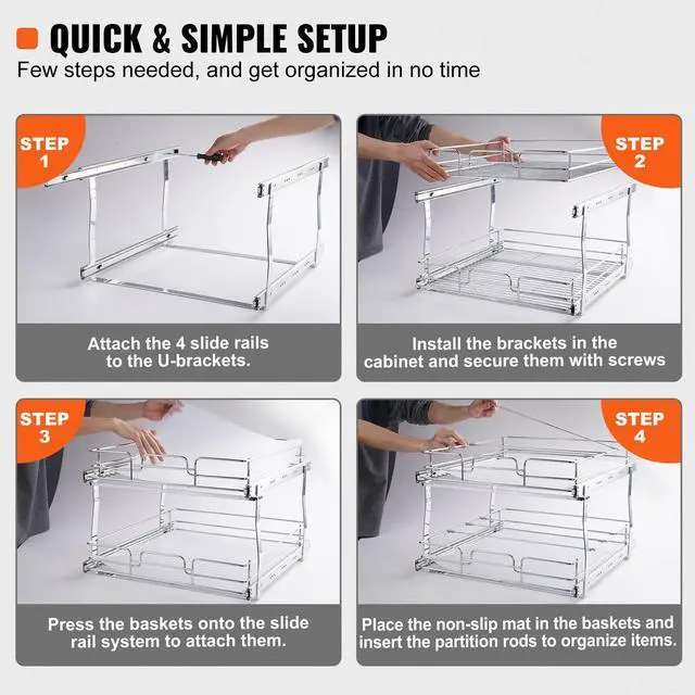 Alt view image 13 of 15 - VEVOR 2 Tier 19"W x 20"D Pull Out Cabinet Organizer, Heavy Duty Slide Out Pantry Shelves, Chrome-Plated Steel Roll Out Drawers, Sliding Drawer Storage for Inside Kitchen Cabinet, Bathroom, Under Sink