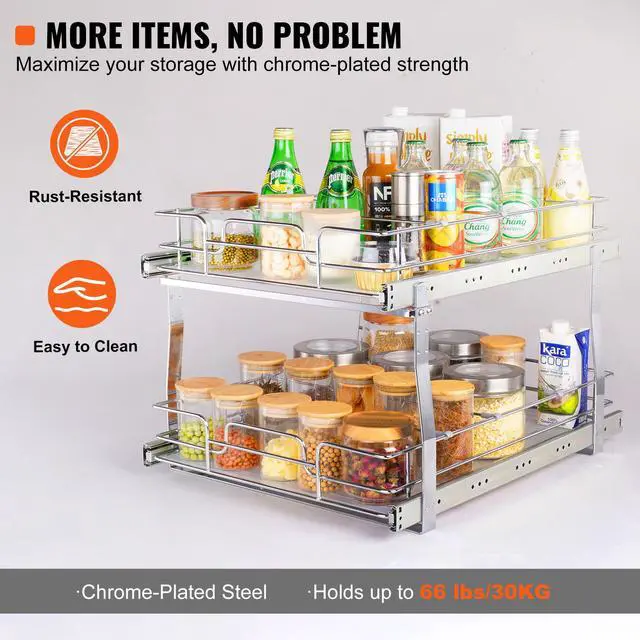 Alt view image 12 of 15 - VEVOR 2 Tier 19"W x 20"D Pull Out Cabinet Organizer, Heavy Duty Slide Out Pantry Shelves, Chrome-Plated Steel Roll Out Drawers, Sliding Drawer Storage for Inside Kitchen Cabinet, Bathroom, Under Sink