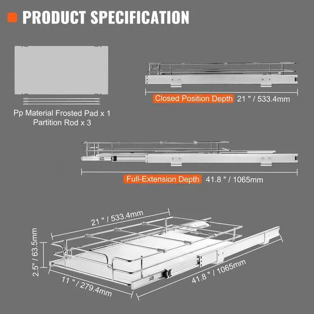 Alt view image 15 of 15 - VEVOR 11"W x 21"D Pull Out Cabinet Organizer, Heavy Duty Slide Out Pantry Shelves, Chrome-Plated Steel Roll Out Drawers, Sliding Drawer Storage for Home, Inside Kitchen Cabinet, Bathroom, Under Sink