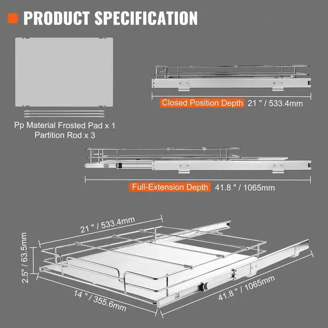Alt view image 16 of 16 - VEVOR 14"W x 21"D Pull Out Cabinet Organizer, Heavy Duty Slide Out Pantry Shelves, Chrome-Plated Steel Roll Out Drawers, Sliding Drawer Storage for Home, Inside Kitchen Cabinet, Bathroom, Under Sink