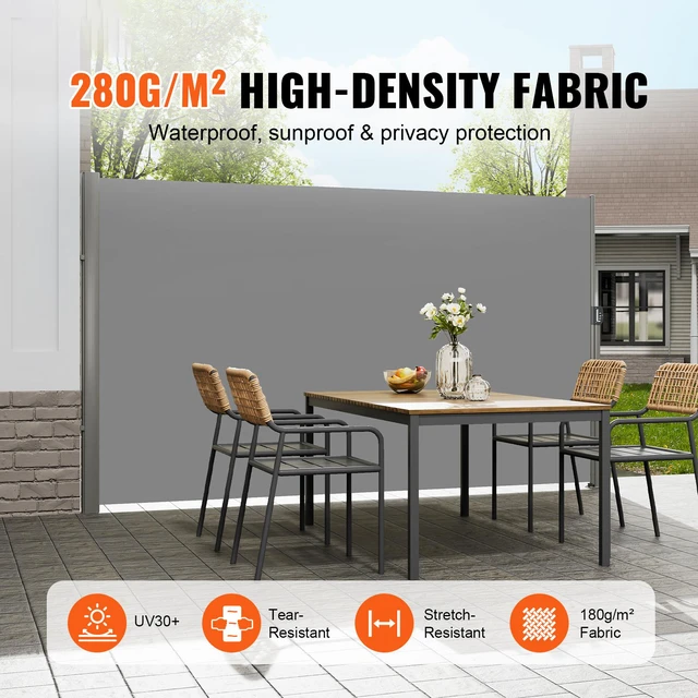 Alt view image 2 of 8 - Retractable Side Awning, 71''x 118'' Aluminum Outdoor Privacy Screen, 280g Polyester Water-proof Retractable Patio Screen, UV 30+ Room Divider Wind Screen for Patio, Backyard, Balcony, Gray
