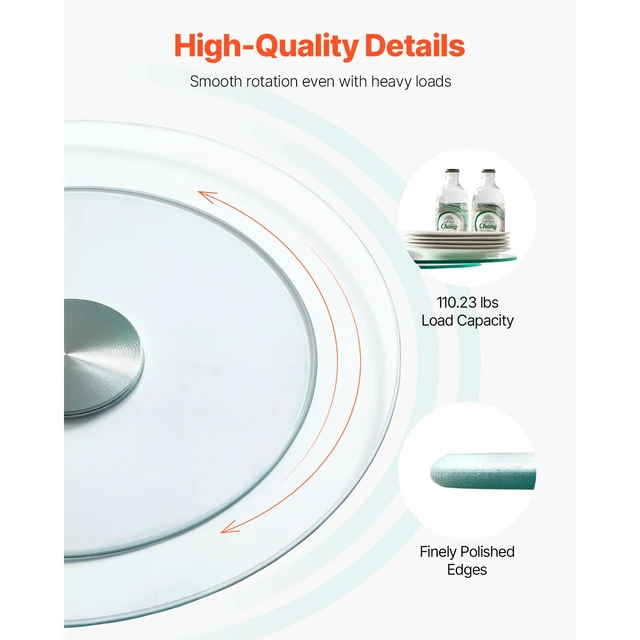 Alt view image 4 of 8 - VEVOR 20 in Glass Lazy Susan Turntable, 360° Rotation Round Clear Tabletop Rotating Tray, Tempered Glass Dining Table Centerpiece, Smooth and Silent Spin, for Family Gatherings, Banquets & Weddings