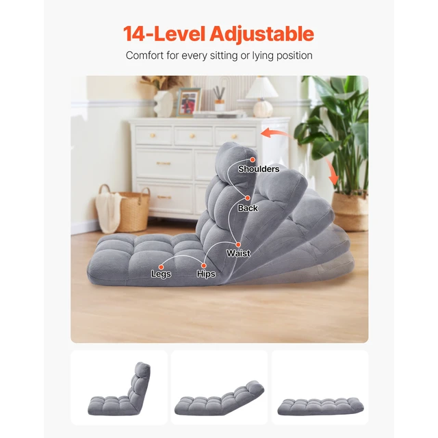 Alt view image 3 of 8 - VEVOR Floor Chair, Recycled Foam Folding Sofa Chair with 14 Adjustable Positions, Multifunctional Floor Chair with Back Support Ideal for Sleeping Reading, Floor Gaming Chair for Living Room, Gray