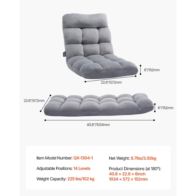 Alt view image 8 of 8 - VEVOR Floor Chair, Recycled Foam Folding Sofa Chair with 14 Adjustable Positions, Multifunctional Floor Chair with Back Support Ideal for Sleeping Reading, Floor Gaming Chair for Living Room, Gray