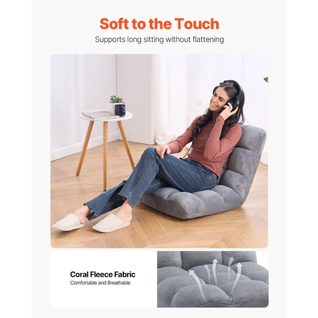 Alt view image 4 of 8 - VEVOR Floor Chair, Recycled Foam Folding Sofa Chair with 14 Adjustable Positions, Multifunctional Floor Chair with Back Support Ideal for Sleeping Reading, Floor Gaming Chair for Living Room, Gray