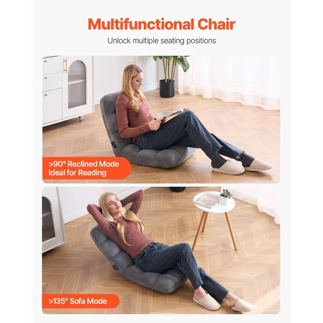 Alt view image 7 of 8 - VEVOR Floor Chair, Recycled Foam Folding Sofa Chair with 14 Adjustable Positions, Multifunctional Floor Chair with Back Support Ideal for Sleeping Reading, Floor Gaming Chair for Living Room, Gray
