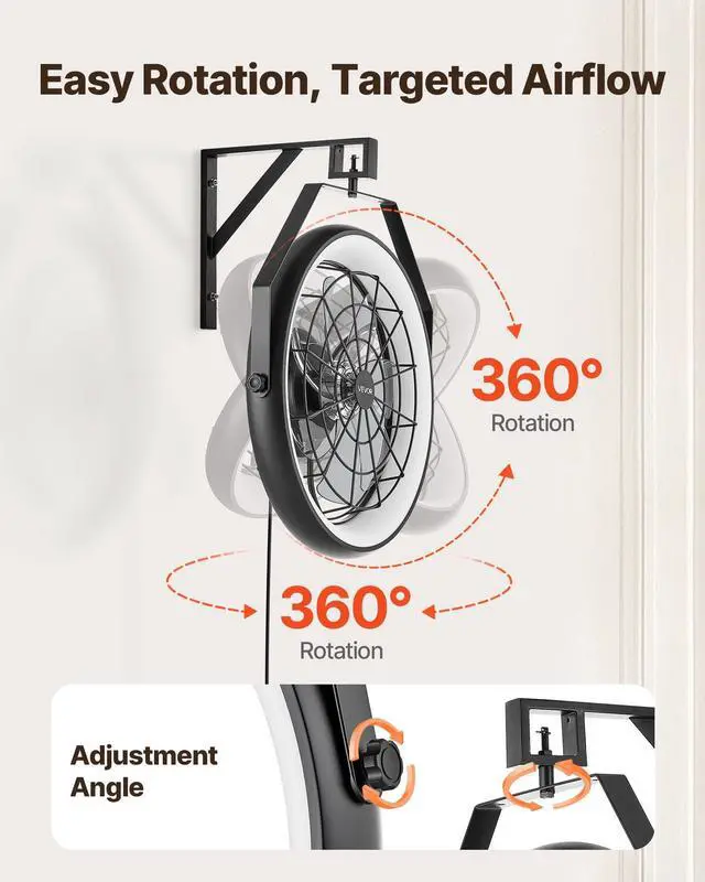 Alt view image 2 of 7 - VEVOR Wall Mounted Fan with Lights, 22 inch Wall Mount Fan with Remote, 6 Speeds Plug in Wall Fan, Reversible, Dimmable 3-color Lighting, Timer, 360°Adjustable Tilt for Workshop, Patio, Home
