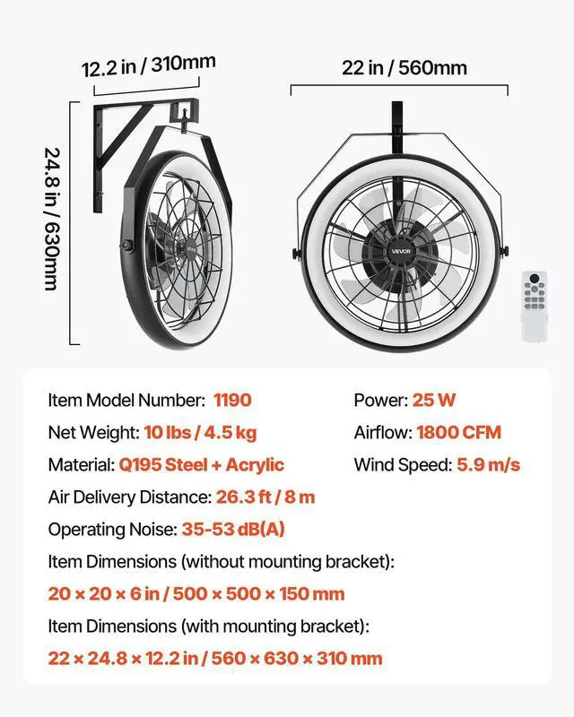 Alt view image 4 of 7 - VEVOR Wall Mounted Fan with Lights, 22 inch Wall Mount Fan with Remote, 6 Speeds Plug in Wall Fan, Reversible, Dimmable 3-color Lighting, Timer, 360°Adjustable Tilt for Workshop, Patio, Home