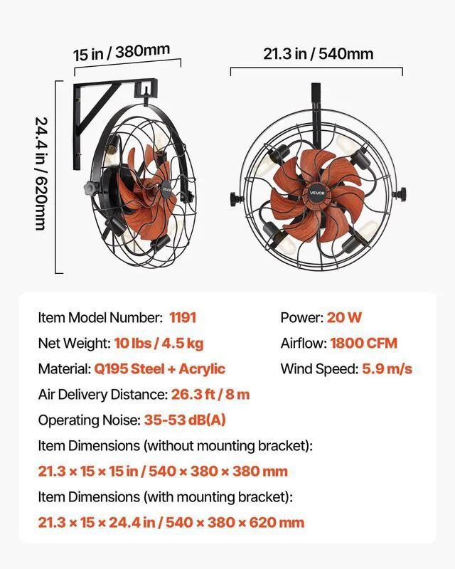 Alt view image 4 of 7 - VEVOR Wall Mounted Fan with Lights, 21 inch Wall Mount Fan with Remote, 6 Speeds Plug in Wall Fan, Timer, 360°Adjustable Tilt for Bedroom,Garage,Workshop (Compatible 4 E26 Bulb Sockets,No Bulb)