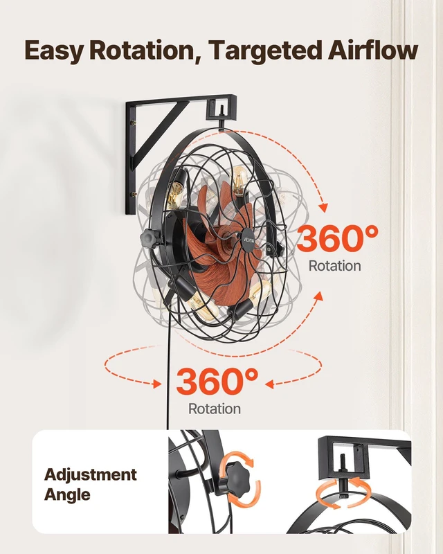 Alt view image 3 of 7 - VEVOR Wall Mounted Fan with Lights, 21 inch Wall Mount Fan with Remote, 6 Speeds Plug in Wall Fan, Timer, 360°Adjustable Tilt for Bedroom,Garage,Workshop (Compatible 4 E26 Bulb Sockets,No Bulb)
