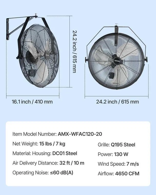 Alt view image 4 of 7 - VEVOR 20 Inch Industrial Wall Mount Fan, High Velocity 4650 CFM Indoor Fan with 3 Speeds, Powerful Motor Garage Wall Fan with Aluminum Blades for Workshop, Warehouse, Greenhouse, Commercial