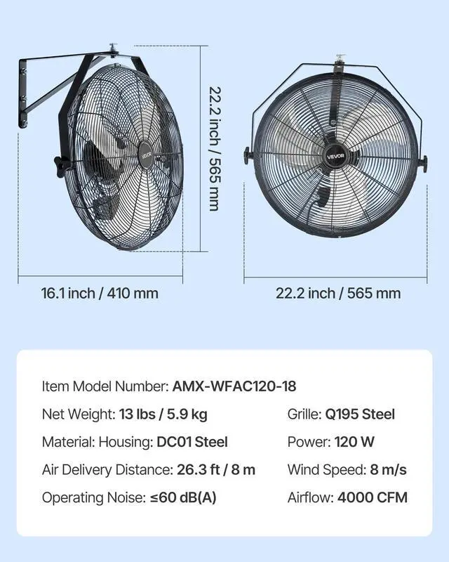 Alt view image 5 of 7 - VEVOR 18 Inch Industrial Wall Mount Fan, High Velocity 4000 CFM Indoor Fan with 3 Speeds, Powerful Motor Garage Wall Fan with Aluminum Blades for Workshop, Warehouse, Greenhouse, Commercial