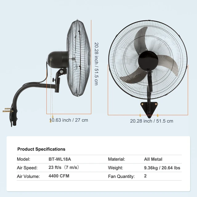 Alt view image 7 of 7 - VEVOR Wall Mount Fan, 2 PCS 18 inch Oscillating, 3-speed High Velocity Max. 4000 CFM Industrial Wall Fan for Indoor, Commercial, Residential, Warehouse, Greenhouse, Workshop, Basement, Garage,Black