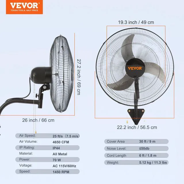 Alt view image 7 of 7 - VEVOR Wall Mount Fan, 20 Inch, 3-speed High Velocity Max. 4650 CFM Oscillating Industrial Wall Fan, Commercial or Residential for Warehouse, Greenhouse, Workshop, Patio, Basement, Black, ETL Listed
