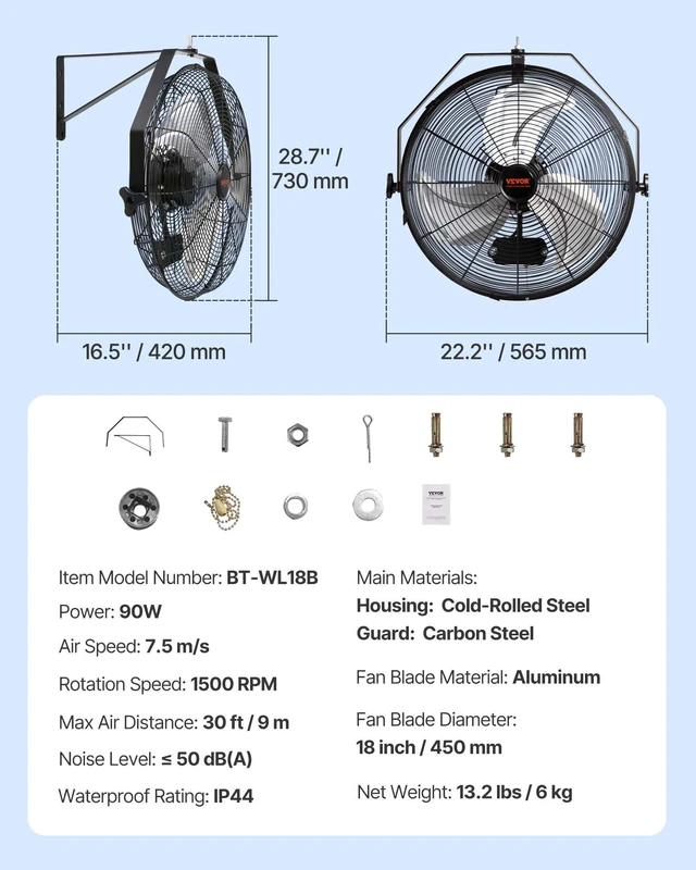 Alt view image 7 of 7 - VEVOR Wall Mount Fan, 18 Inch, 3-speed High Velocity Max. 4150 CFM, Waterproof Industrial Wall Fan, Commercial or Residential for Warehouse, Greenhouse, Workshop, Patio, Black, ETL Listed