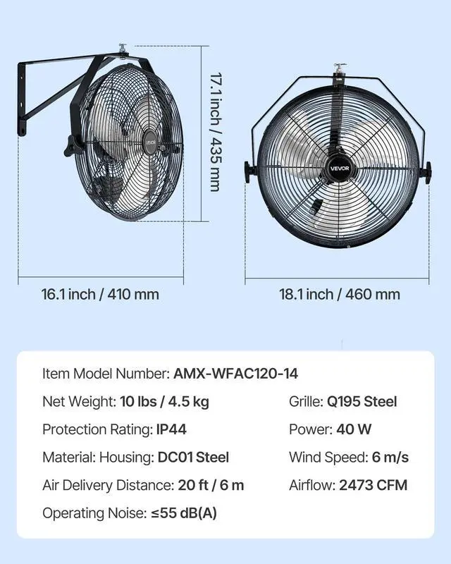 Alt view image 7 of 7 - VEVOR 14 Inch Industrial Wall Mount Fan, High Velocity 2473 CFM Outdoor Fan with 3 Speeds, Waterproof IP44 Garage Wall Fan with Aluminum Blades for Workshop, Warehouse, Greenhouse