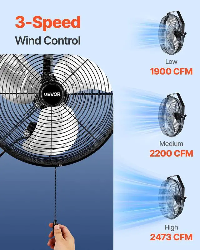 Alt view image 2 of 7 - VEVOR 14 Inch Industrial Wall Mount Fan, High Velocity 2473 CFM Outdoor Fan with 3 Speeds, Waterproof IP44 Garage Wall Fan with Aluminum Blades for Workshop, Warehouse, Greenhouse