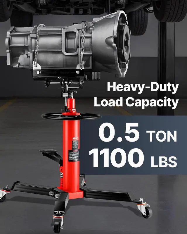 Alt view image 11 of 15 - VEVOR Transmission Jack,1/2Ton/1100lbs Capacity Hydraulic Telescopic Transmission Jack, 2-Stage Floor Jack Stand with Foot Pedal, 360 Swivel Wheel, Garage/Shop Lift Hoist, Red