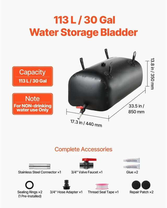 Alt view image 9 of 15 - VEVOR Portable Water Storage Bladder 29.9 Gal PVC Collapsible Water Tank Black