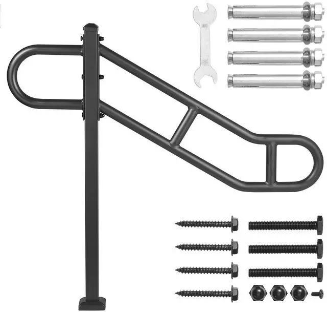 Main image of Single Post Handrail for Outdoor 1-3 Steps, 40.5" L x 35.4" H Metal Bent Stair Handrails, Floor Mounted Carbon Steel Stair Railing, U-Shaped Post Grab Rails with 2 Anti-Skid Crossbar for Garage