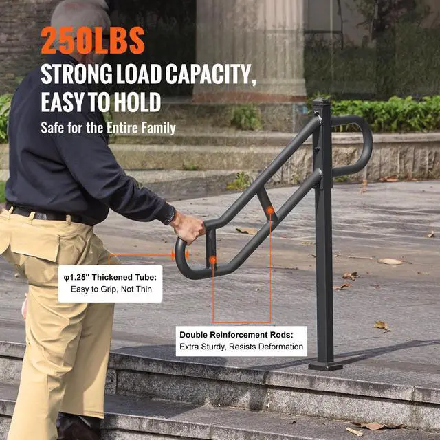 Alt view image 3 of 7 - Single Post Handrail for Outdoor 1-3 Steps, 40.5" L x 35.4" H Metal Bent Stair Handrails, Floor Mounted Carbon Steel Stair Railing, U-Shaped Post Grab Rails with 2 Anti-Skid Crossbar for Garage