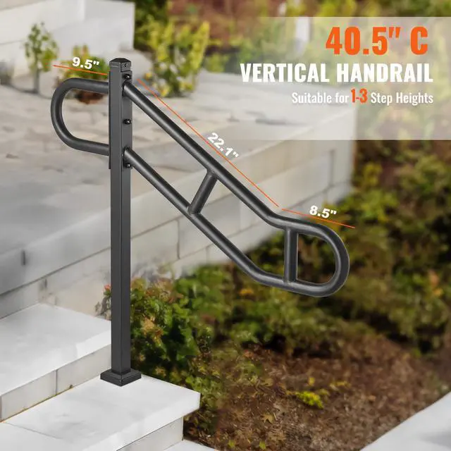 Alt view image 4 of 7 - Single Post Handrail for Outdoor 1-3 Steps, 40.5" L x 35.4" H Metal Bent Stair Handrails, Floor Mounted Carbon Steel Stair Railing, U-Shaped Post Grab Rails with 2 Anti-Skid Crossbar for Garage
