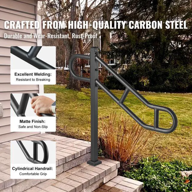 Alt view image 2 of 7 - Single Post Handrail for Outdoor 1-3 Steps, 40.5" L x 35.4" H Metal Bent Stair Handrails, Floor Mounted Carbon Steel Stair Railing, U-Shaped Post Grab Rails with 2 Anti-Skid Crossbar for Garage