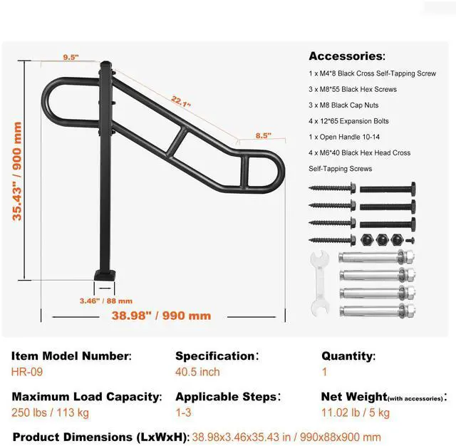 Alt view image 7 of 7 - Single Post Handrail for Outdoor 1-3 Steps, 40.5" L x 35.4" H Metal Bent Stair Handrails, Floor Mounted Carbon Steel Stair Railing, U-Shaped Post Grab Rails with 2 Anti-Skid Crossbar for Garage