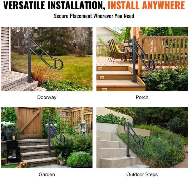 Alt view image 6 of 7 - Single Post Handrail for Outdoor 1-3 Steps, 40.5" L x 35.4" H Metal Bent Stair Handrails, Floor Mounted Carbon Steel Stair Railing, U-Shaped Post Grab Rails with 2 Anti-Skid Crossbar for Garage