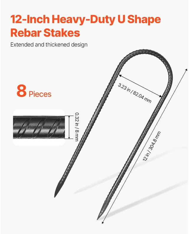 Alt view image 2 of 7 - Rebar Stakes, 12-Inch, Heavy-Duty 0.32 in Diameter U Shape, Galvanized Steel Ground Anchors with Chisel Point End & Rust-Resistant Coating, for Gardening Support, Fence, Camping Tents (8-Pack)